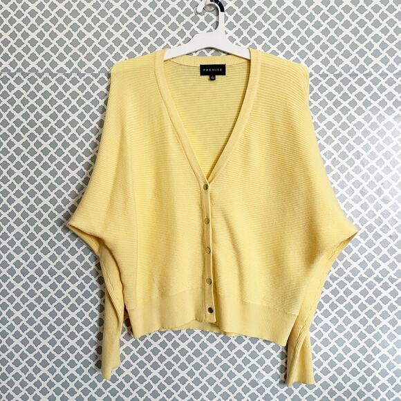 PREMISE Ribbed Butter Yellow Button-Front Cardigan, L - Picture 3 of 7